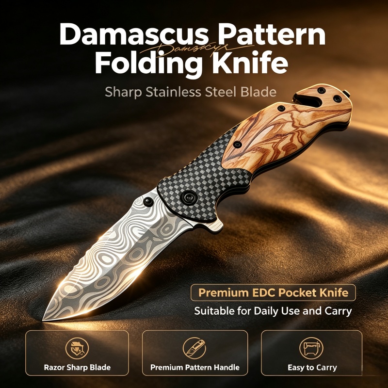 Edc Daily Carry - Şam Desenli Katlanır Bıçak Keskin Paslanmaz